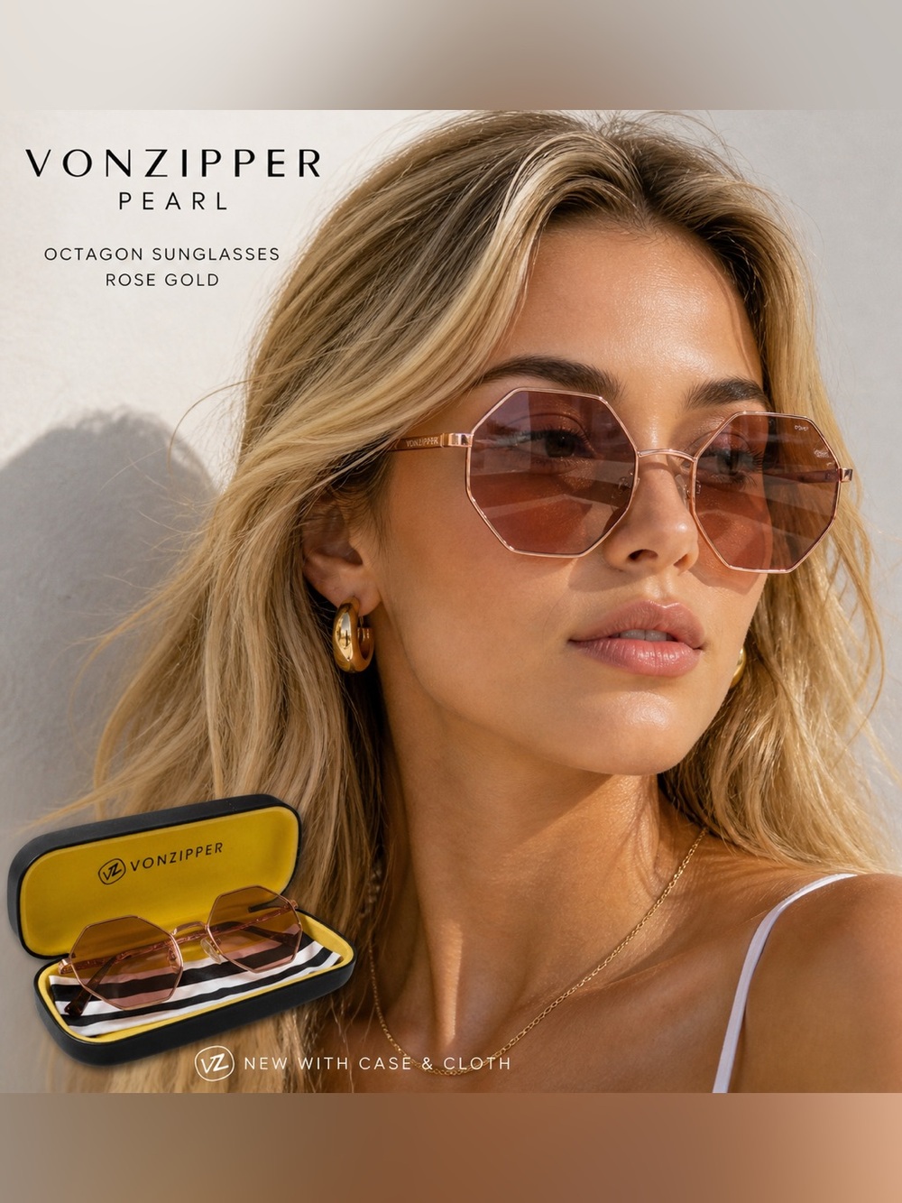 VonZipper Pearl Octagon Rose Gold Sunglasses NWT w/ Case - Picture 3 of 10